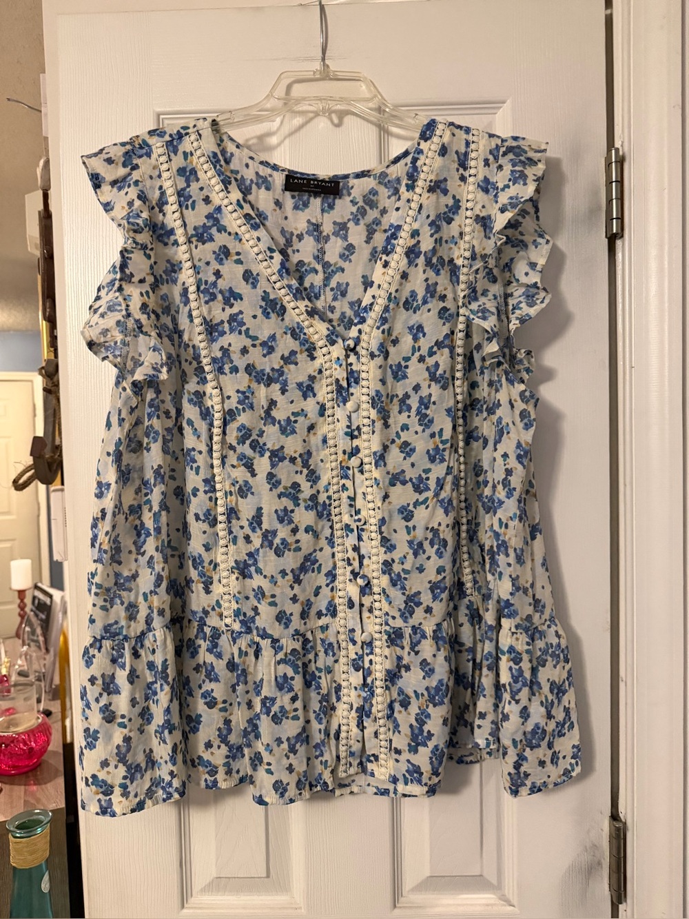Lane Bryant Cream Top with Blue Floral Print and Ruffle Sleeves